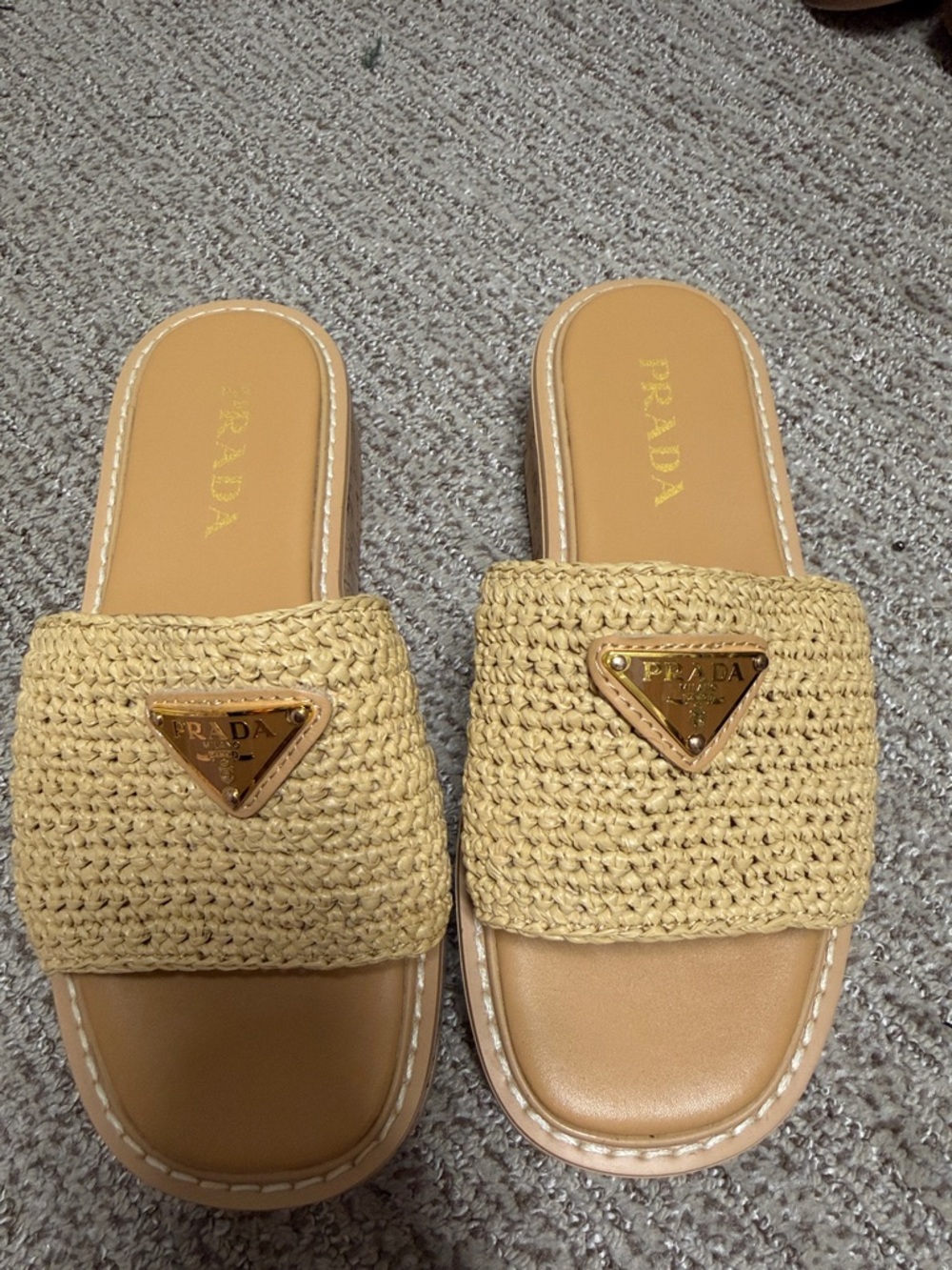 Prada Women's Tan Raffia Slide Sandals